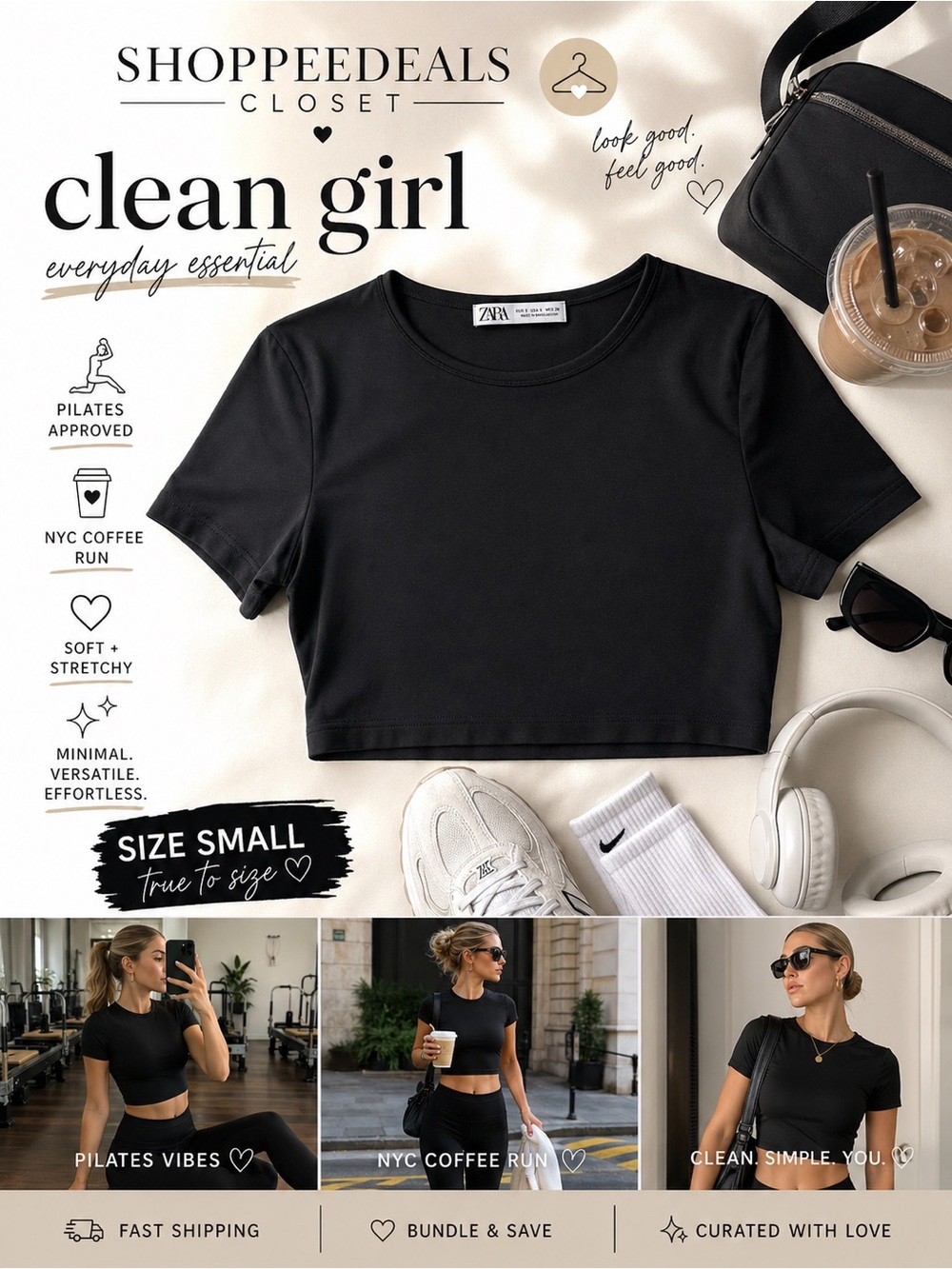 ZARA Black Cropped Short Sleeve Top Size Small Minimalist Basic